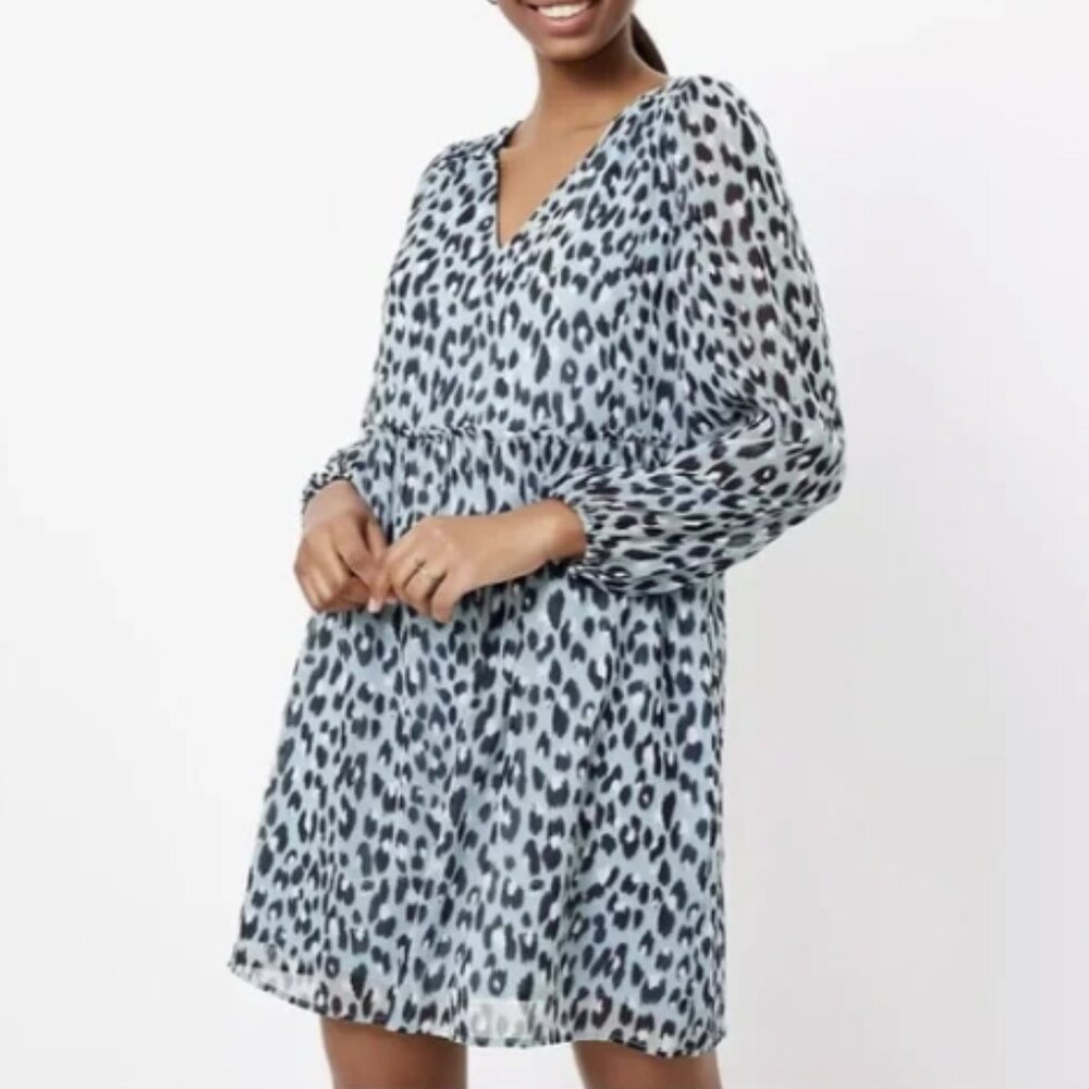 Loft Blue Leopard Print V-Neck swing dress babydoll Size Large